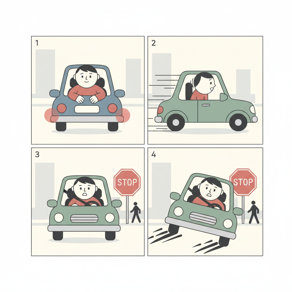 차가 출발할 때 등받이에 눌리고 브레이크 밟을 때 앞으로 쏠리는 4컷 만화