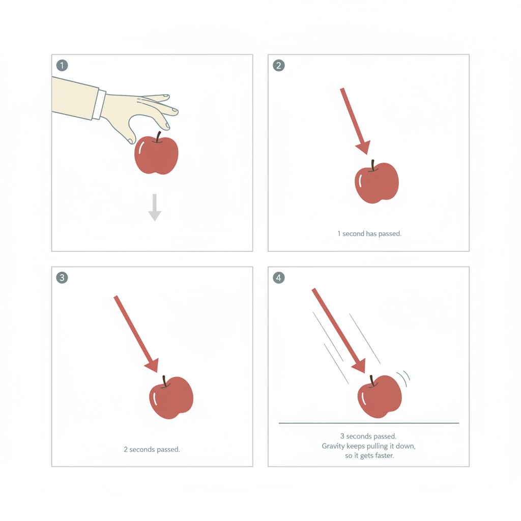 사과가 떨어지면서 1초마다 속력이 커지는 4컷 만화