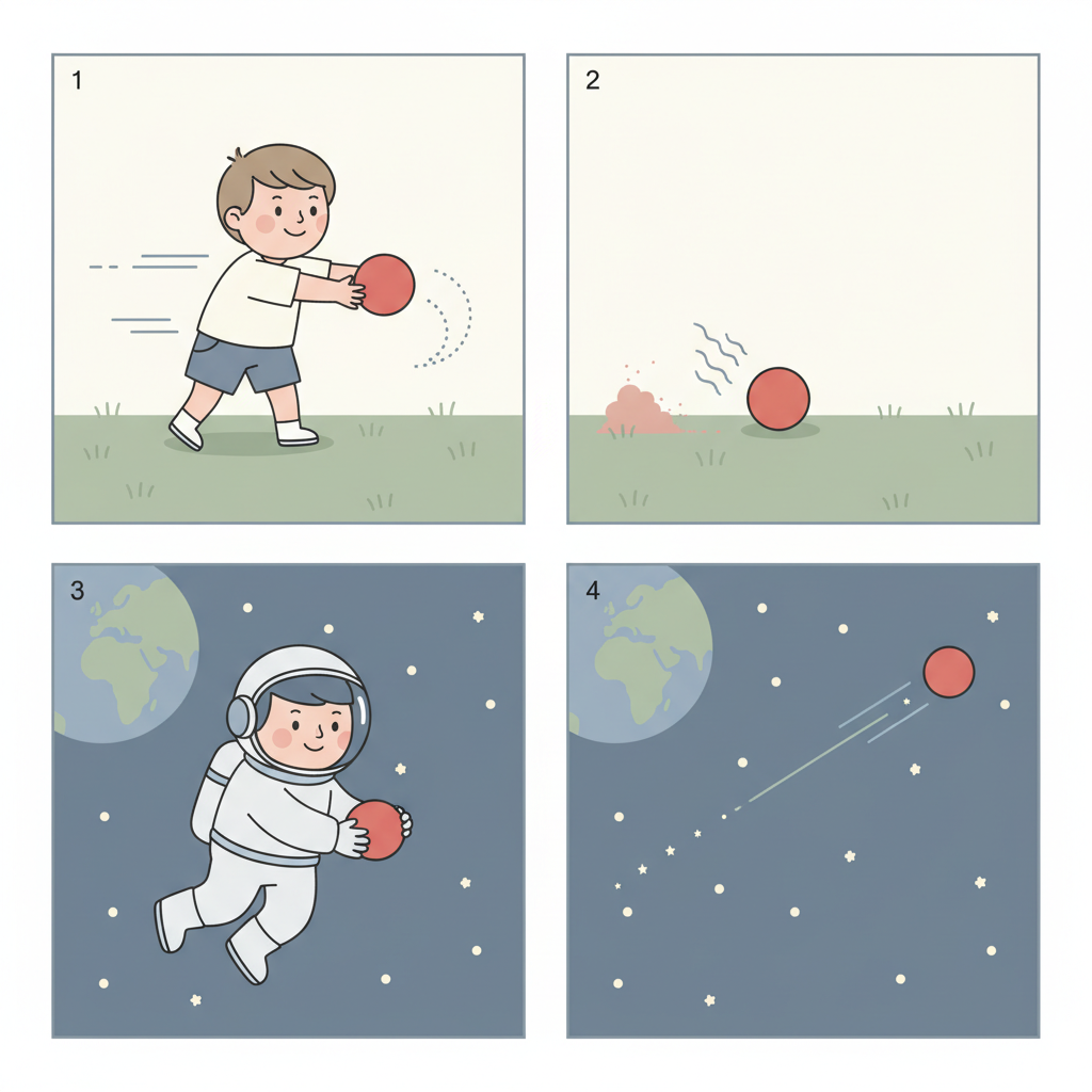 지구에서는 마찰로 멈추고 우주에서는 계속 날아가는 공 4컷 만화