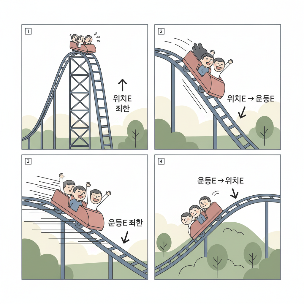 롤러코스터가 꼭대기에서 내려가며 위치에너지가 운동에너지로 바뀌는 4컷 만화